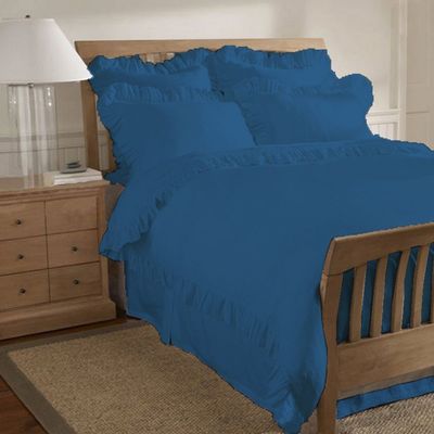 3Pcs Frilled Duvet Cover Set 1000 TC 100% Egyptian Cotton Luxurious Hotal & Home Bedroom Decore, Solid Pattern (Full/Solid/Royal Blue)