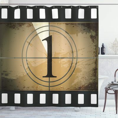 Ambesonne Movie Theater Shower Curtain, Grunge Countdown Frame with Number in a Circle Film Strip, Cloth Fabric Bathroom Decor Set with Hooks, 69" W x 70" L, Black Brown