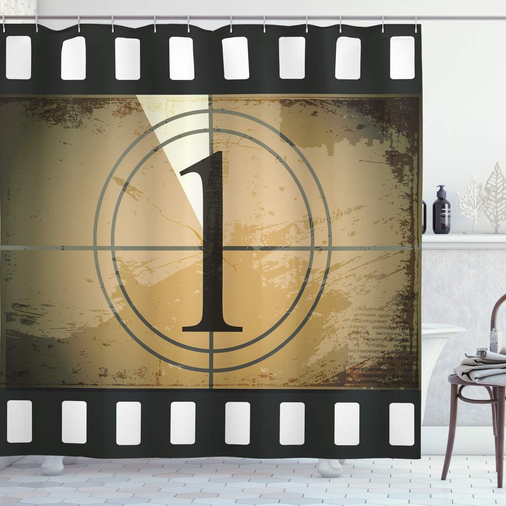 Ambesonne Movie Theater Shower Curtain, Grunge Countdown Frame with Number in a Circle Film Strip, Cloth Fabric Bathroom Decor Set with Hooks, 69" W x 75" L, Black Brown