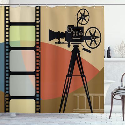 Ambesonne Movie Theater Shower Curtain, Abstract Retro Style Colorful Composition with Projection and Strip Border, Cloth Fabric Bathroom Decor Set with Hooks, 69" W x 70" L, Tan Salmon Caramel
