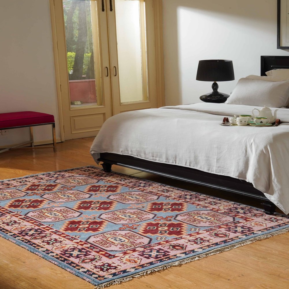 Rugsotic Carpets Hand Knotted Afghan Wool and Silk 8'x10' Area Rug Oriental Kazak Aqua Cream AF0117