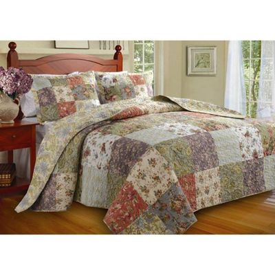 3 Piece Oversized Green Purple Patchwork Bedspread Queen Set, Quilted French Country Damask Floral Rustic Flowers Pattern Prairie Themed Farmhouse Charm Cottage Oversize to The Floor Checked, Cotton