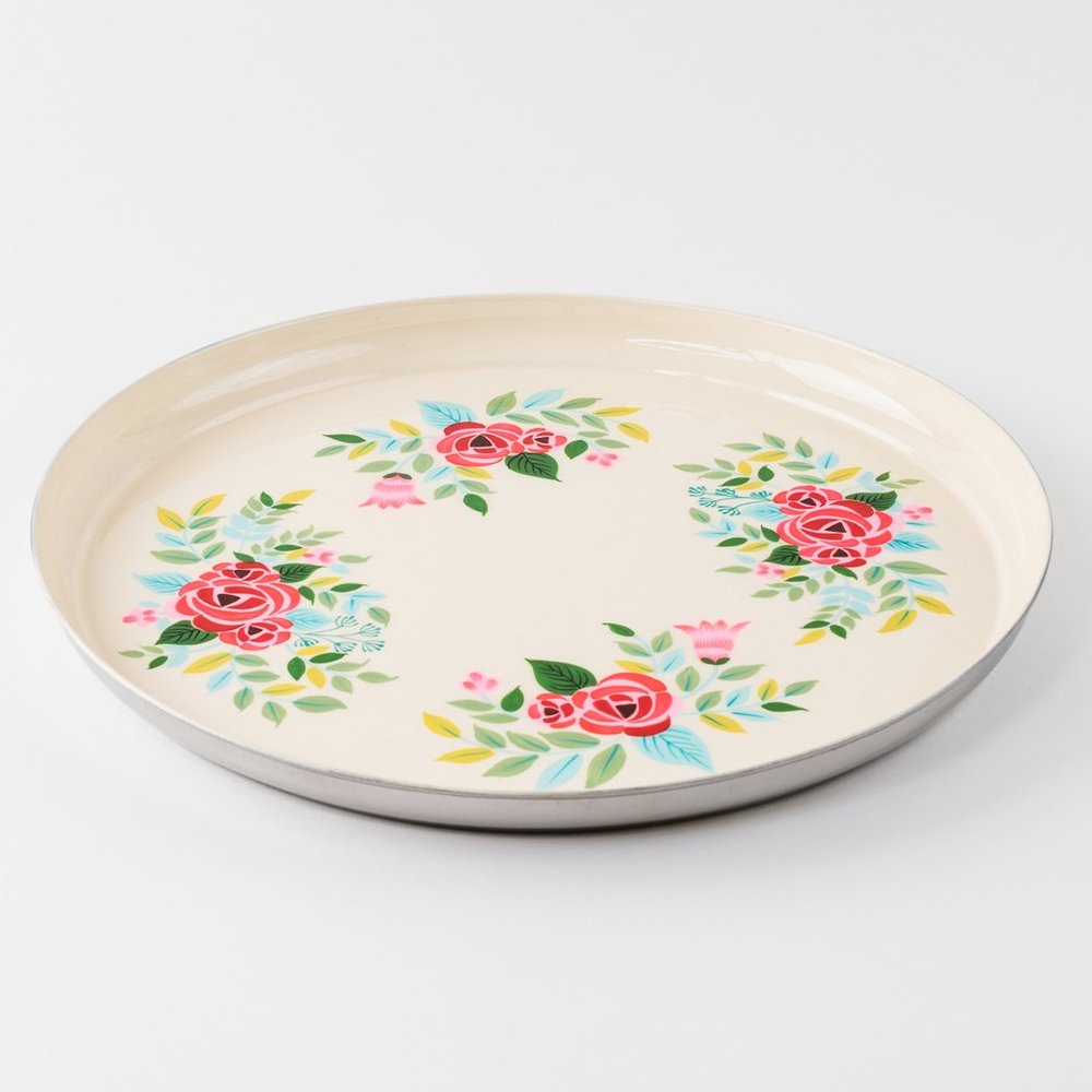 One Hundred 80 Degrees Hand Painted Floral Round Metal Tray