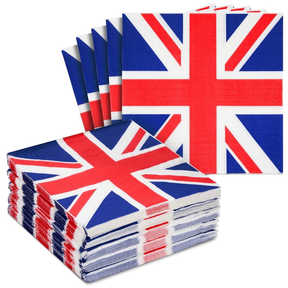 Juvale British Napkins - 2-Ply, 6.5 x 6.5 in, 100 Count - Union Jack Cocktail Paper Napkins for Union Jack Party Supplies & Themed Party Decor