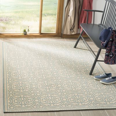 SAFAVIEH Washable Rug Outdoor Linden Collection - 4' x 6', Aqua & Cream, Non-Shedding & Easy to Clean, Ideal for Patio, Backyard, Mudroom (LND134K)