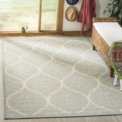 SAFAVIEH Washable Rug Outdoor Linden Collection - 4' x 6', Cream & Aqua, Non-Shedding & Easy to Clean, Ideal for Patio, Backyard, Mudroom (LND135L)