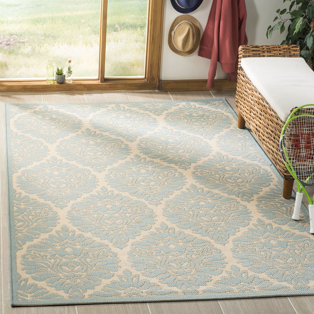 SAFAVIEH Washable Rug Outdoor Linden Collection - 4' x 6', Cream & Aqua, Non-Shedding & Easy to Clean, Ideal for Patio, Backyard, Mudroom (LND135L)