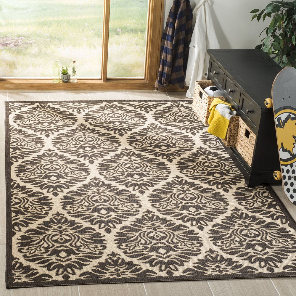 SAFAVIEH Washable Rug Outdoor Linden Collection - 4' x 6', Cream & Brown, Non-Shedding & Easy to Clean, Ideal for Patio, Backyard, Mudroom (LND135U)
