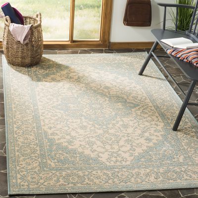 SAFAVIEH Washable Rug Outdoor Linden Collection - 4' x 6', Cream & Aqua, Non-Shedding & Easy to Clean, Ideal for Patio, Backyard, Mudroom (LND137L)