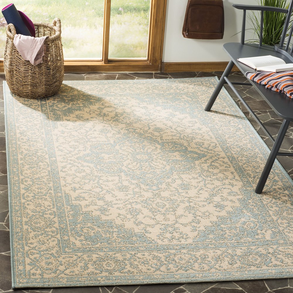 SAFAVIEH Washable Rug Outdoor Linden Collection - 4' x 6', Cream & Aqua, Non-Shedding & Easy to Clean, Ideal for Patio, Backyard, Mudroom (LND137L)