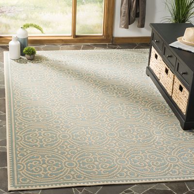 SAFAVIEH Washable Rug Outdoor Linden Collection - 4' x 6', Cream & Aqua, Non-Shedding & Easy to Clean, Ideal for Patio, Backyard, Mudroom (LND134L)