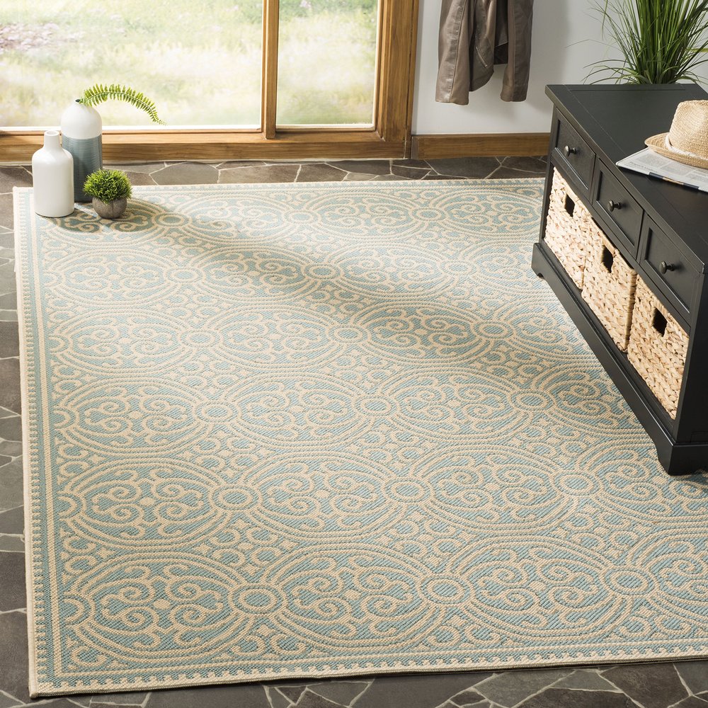 SAFAVIEH Washable Rug Outdoor Linden Collection - 4' x 6', Cream & Aqua, Non-Shedding & Easy to Clean, Ideal for Patio, Backyard, Mudroom (LND134L)