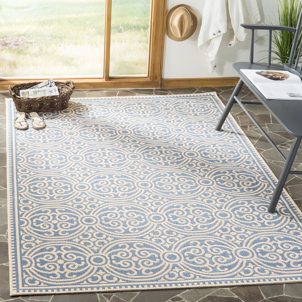 SAFAVIEH Washable Rug Outdoor Linden Collection - 4' x 6', Cream & Blue, Non-Shedding & Easy to Clean, Ideal for Patio, Backyard, Mudroom (LND134N)