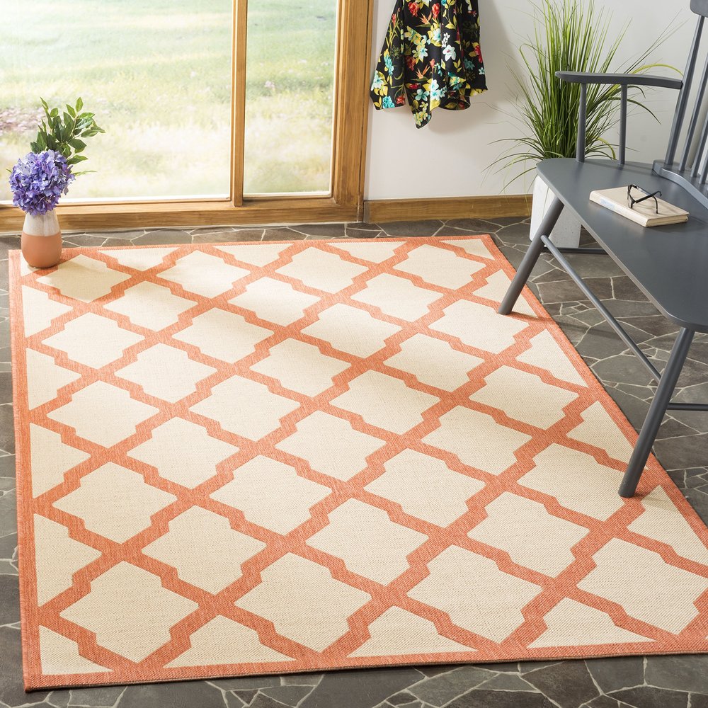 SAFAVIEH Washable Rug Outdoor Linden Collection - 4' x 6', Cream & Rust, Non-Shedding & Easy to Clean, Ideal for Patio, Backyard, Mudroom (LND122R)