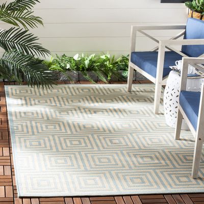 SAFAVIEH Washable Rug Outdoor Linden Collection - 4' x 6', Cream & Aqua, Non-Shedding & Easy to Clean, Ideal for Patio, Backyard, Mudroom (LND173L)
