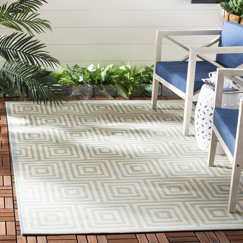 SAFAVIEH Washable Rug Outdoor Linden Collection - 4' x 6', Cream & Aqua, Non-Shedding & Easy to Clean, Ideal for Patio, Backyard, Mudroom (LND173L)