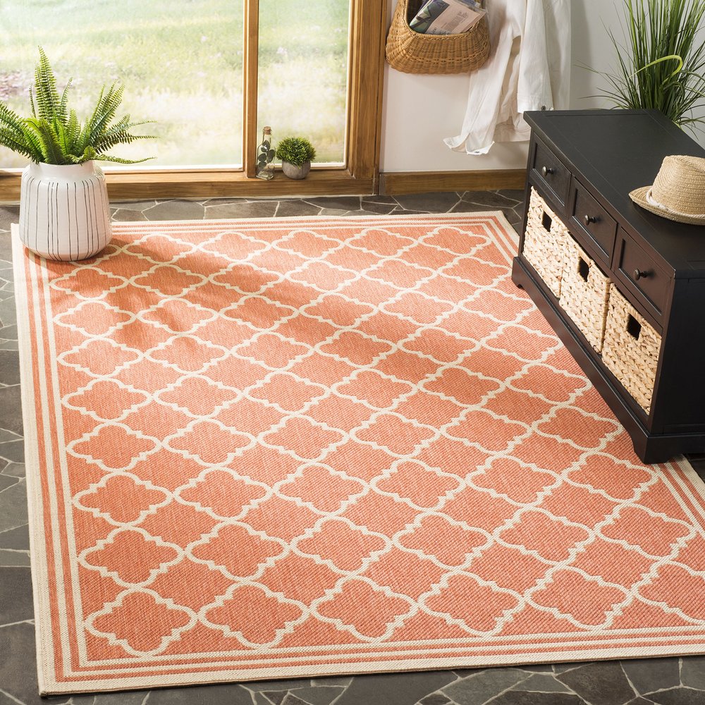 SAFAVIEH Washable Rug Outdoor Linden Collection - 4' x 6', Rust & Cream, Non-Shedding & Easy to Clean, Ideal for Patio, Backyard, Mudroom (LND121P)