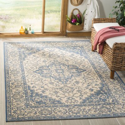 SAFAVIEH Washable Rug Outdoor Linden Collection - 4' x 6', Cream & Blue, Non-Shedding & Easy to Clean, Ideal for Patio, Backyard, Mudroom (LND137N)