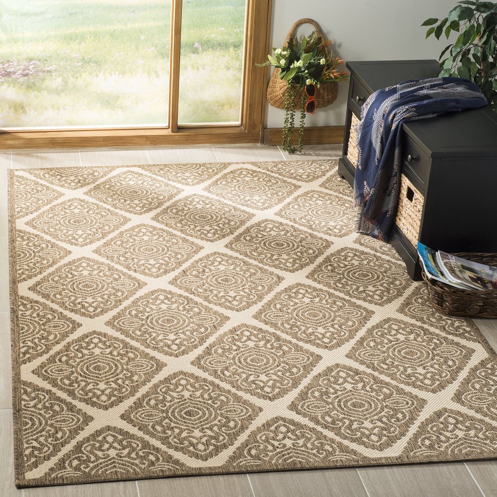 SAFAVIEH Washable Rug Outdoor Linden Collection - 4' x 6', Cream & Beige, Non-Shedding & Easy to Clean, Ideal for Patio, Backyard, Mudroom (LND132C)