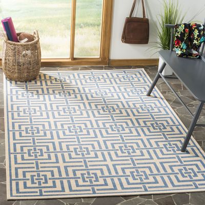 SAFAVIEH Washable Rug Outdoor Linden Collection - 4' x 6', Cream & Blue, Non-Shedding & Easy to Clean, Ideal for Patio, Backyard, Mudroom (LND128N)
