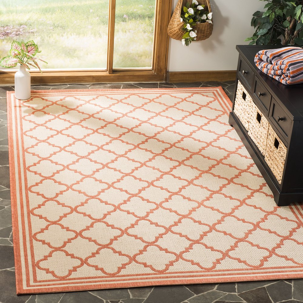 SAFAVIEH Washable Rug Outdoor Linden Collection - 4' x 6', Cream & Rust, Non-Shedding & Easy to Clean, Ideal for Patio, Backyard, Mudroom (LND121R)