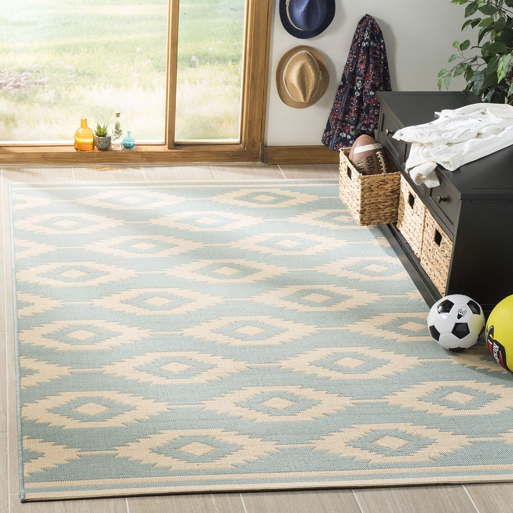 SAFAVIEH Washable Rug Outdoor Linden Collection - 4' x 6', Cream & Aqua, Non-Shedding & Easy to Clean, Ideal for Patio, Backyard, Mudroom (LND171L)