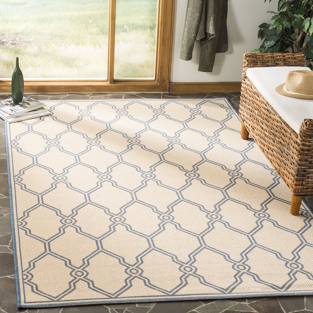 SAFAVIEH Washable Rug Outdoor Linden Collection - 4' x 6', Cream & Blue, Non-Shedding & Easy to Clean, Ideal for Patio, Backyard, Mudroom (LND124N)