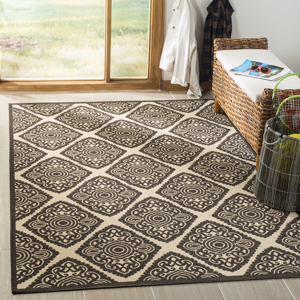 SAFAVIEH Washable Rug Outdoor Linden Collection - 4' x 6', Cream & Brown, Non-Shedding & Easy to Clean, Ideal for Patio, Backyard, Mudroom (LND132U)