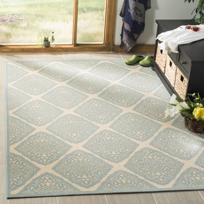 SAFAVIEH Washable Rug Outdoor Linden Collection - 4' x 6', Cream & Aqua, Non-Shedding & Easy to Clean, Ideal for Patio, Backyard, Mudroom (LND132L)