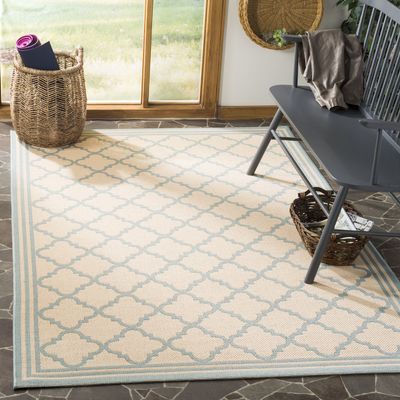 SAFAVIEH Washable Rug Outdoor Linden Collection - 4' x 6', Cream & Aqua, Non-Shedding & Easy to Clean, Ideal for Patio, Backyard, Mudroom (LND121L)