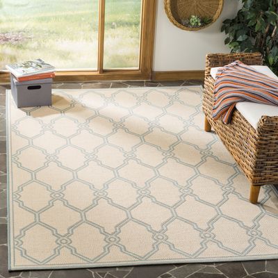 SAFAVIEH Washable Rug Outdoor Linden Collection - 4' x 6', Cream & Aqua, Non-Shedding & Easy to Clean, Ideal for Patio, Backyard, Mudroom (LND124L)