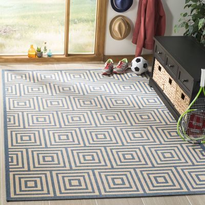 SAFAVIEH Washable Rug Outdoor Linden Collection - 4' x 6', Cream & Blue, Non-Shedding & Easy to Clean, Ideal for Patio, Backyard, Mudroom (LND173N)