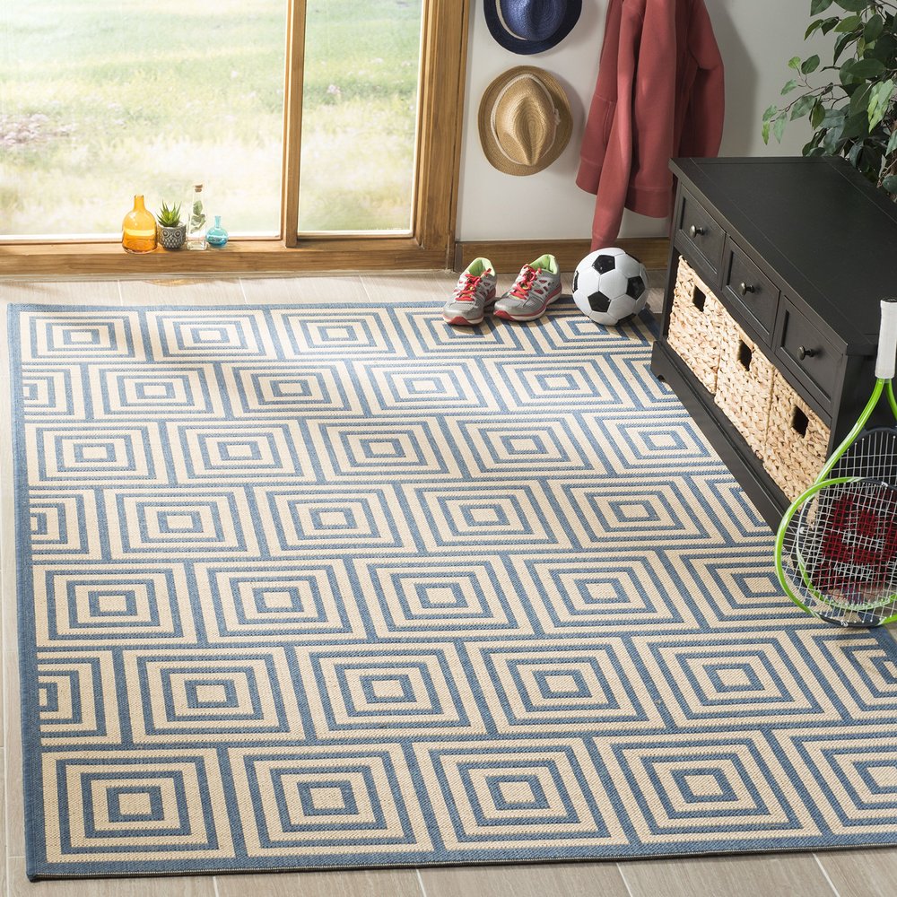 SAFAVIEH Washable Rug Outdoor Linden Collection - 4' x 6', Cream & Blue, Non-Shedding & Easy to Clean, Ideal for Patio, Backyard, Mudroom (LND173N)