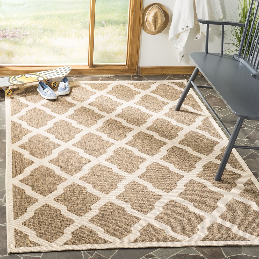 SAFAVIEH Washable Rug Outdoor Linden Collection - 4' x 6', Beige & Cream, Non-Shedding & Easy to Clean, Ideal for Patio, Backyard, Mudroom (LND122D)