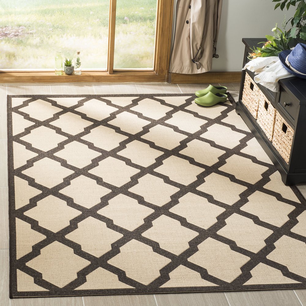 SAFAVIEH Washable Rug Outdoor Linden Collection - 4' x 6', Cream & Brown, Non-Shedding & Easy to Clean, Ideal for Patio, Backyard, Mudroom (LND122U)