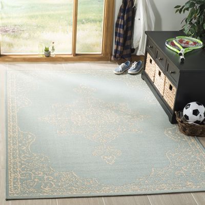 SAFAVIEH Washable Rug Outdoor Linden Collection - 4' x 6', Cream & Aqua, Non-Shedding & Easy to Clean, Ideal for Patio, Backyard, Mudroom (LND180L)
