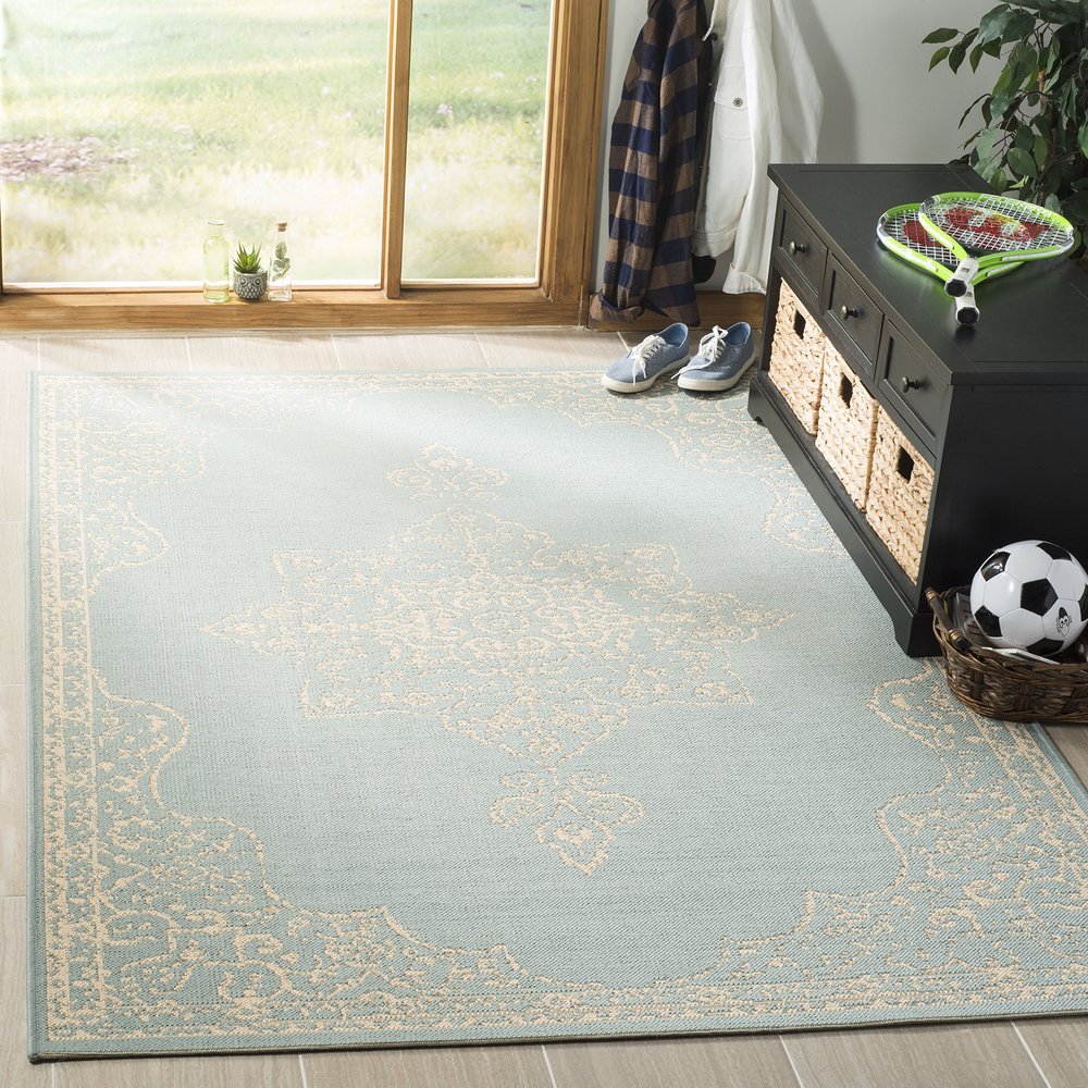 SAFAVIEH Washable Rug Outdoor Linden Collection - 4' x 6', Cream & Aqua, Non-Shedding & Easy to Clean, Ideal for Patio, Backyard, Mudroom (LND180L)