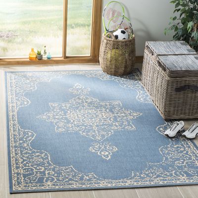 SAFAVIEH Washable Rug Outdoor Linden Collection - 4' x 6', Cream & Blue, Non-Shedding & Easy to Clean, Ideal for Patio, Backyard, Mudroom (LND180N)