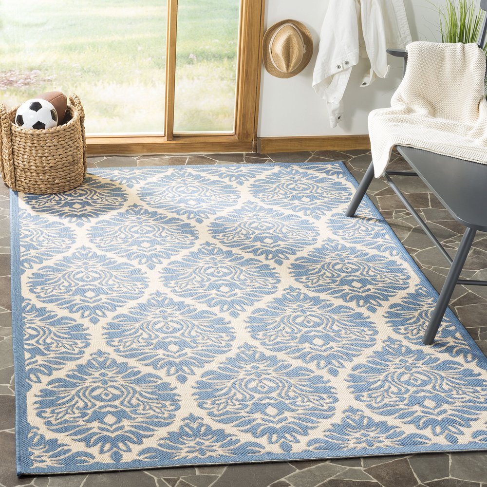 SAFAVIEH Washable Rug Outdoor Linden Collection - 4' x 6', Cream & Blue, Non-Shedding & Easy to Clean, Ideal for Patio, Backyard, Mudroom (LND135N)