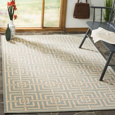 SAFAVIEH Washable Rug Outdoor Linden Collection - 4' x 6', Aqua & Cream, Non-Shedding & Easy to Clean, Ideal for Patio, Backyard, Mudroom (LND128K)