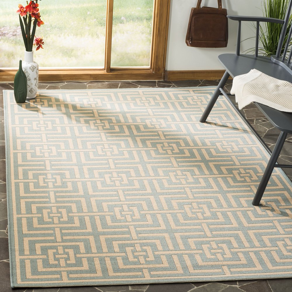 SAFAVIEH Washable Rug Outdoor Linden Collection - 4' x 6', Aqua & Cream, Non-Shedding & Easy to Clean, Ideal for Patio, Backyard, Mudroom (LND128K)