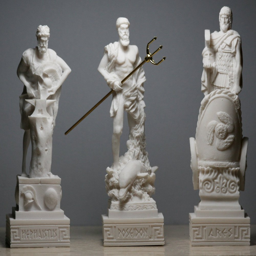 3 Greek Gods Poseidon Ares Hephaestus Statue Sculpture Figure Set