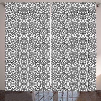 Ambesonne Ethnic Curtains, Vintage Style Boho Culture Pattern with Curves Lace Effects Ornamental, Living Room Bedroom Window Drapes 2 Panel Set, 108" X 84", Black White