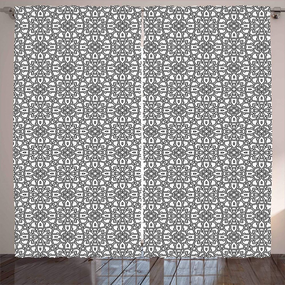 Ambesonne Ethnic Curtains, Vintage Style Boho Culture Pattern with Curves Lace Effects Ornamental, Living Room Bedroom Window Drapes 2 Panel Set, 108" X 84", Black White