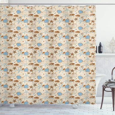 Ambesonne Seashells Shower Curtain, Abstract Starfishes with Spiral Lines Doodle Style Illustration, Cloth Fabric Bathroom Decor Set with Hooks, 69" W x 75" L, Pale Brown Pale Blue