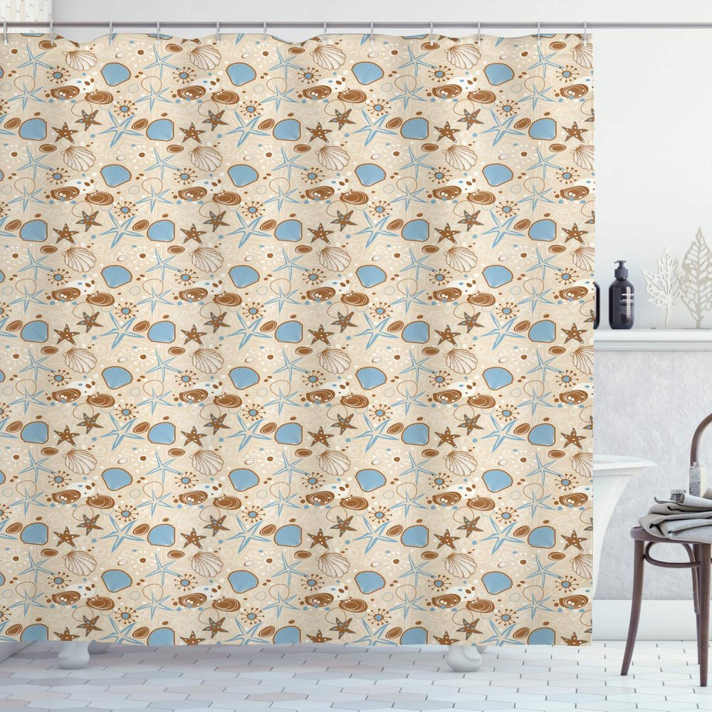Ambesonne Seashells Shower Curtain, Abstract Starfishes with Spiral Lines Doodle Style Illustration, Cloth Fabric Bathroom Decor Set with Hooks, 69" W x 75" L, Pale Brown Pale Blue