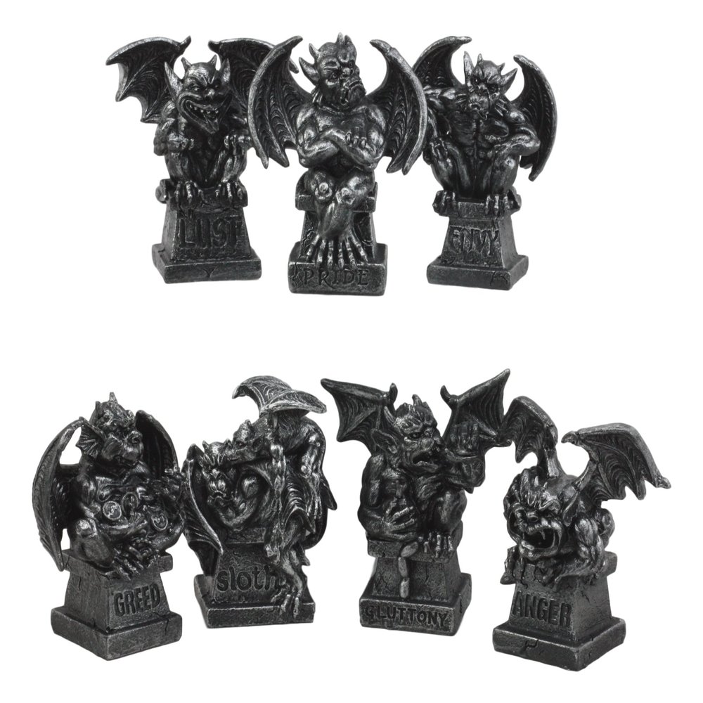 Ebros Gift Allegorical Seven Deadly Sins Gargoyle Figurine Set of 7 Cardinal Sins Pride Sloth Gluttony Envy Greed Anger and Lust Gargoyles Sculptural Decor