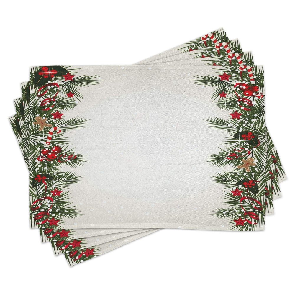 Ambesonne Christmas Place Mats Set of 4, New Year's Eve Tree Branch Border with Berry Ribbons Gingerbread Man, Washable Fabric Placemats for Dining Table, Standard Size, Brown