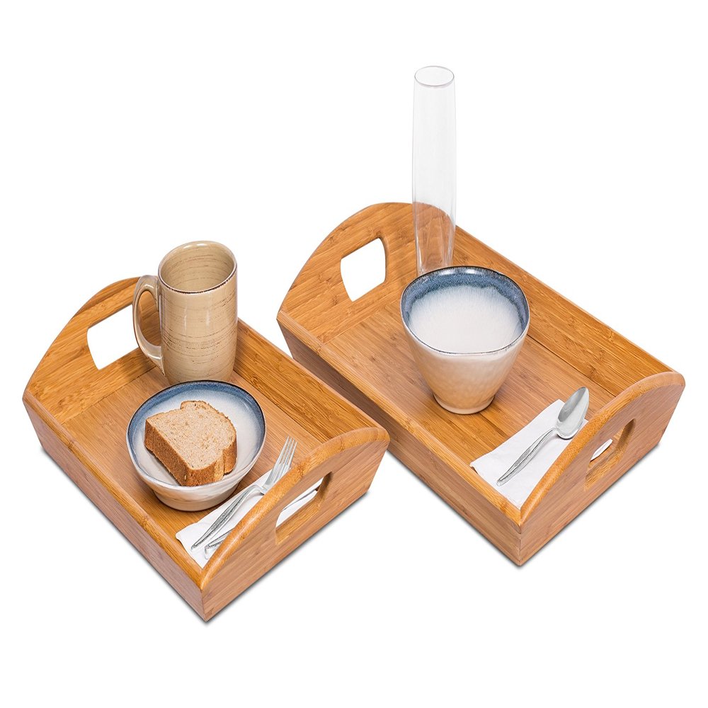 BIRDROCK HOME Breakfast Serving Tray with Handles - Set of 2 - Natural Bamboo - Wood - Food - Breakfast Tray - Party Platter - Nesting - Kitchen and Dining