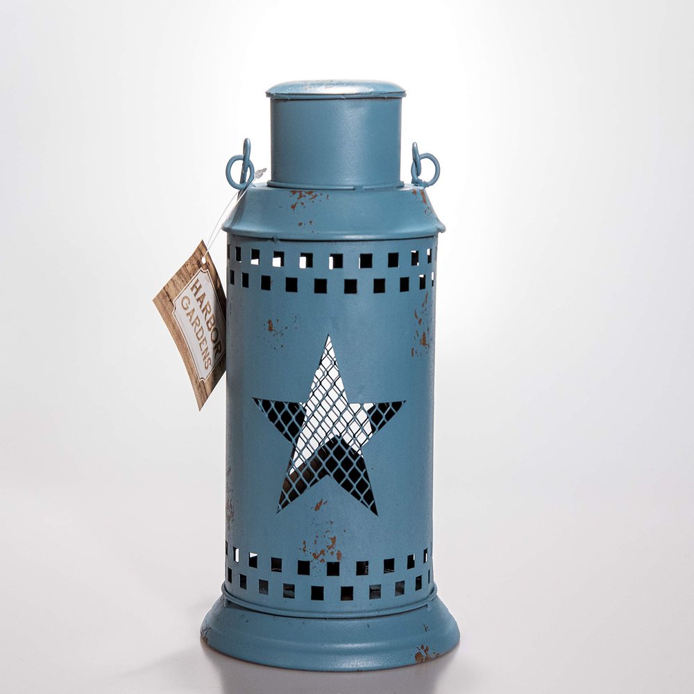 Harbor Gardens ZT171433 Essex Collection Blue Distressed Vintage Star Cut-Out Lantern with Tea Light Holder